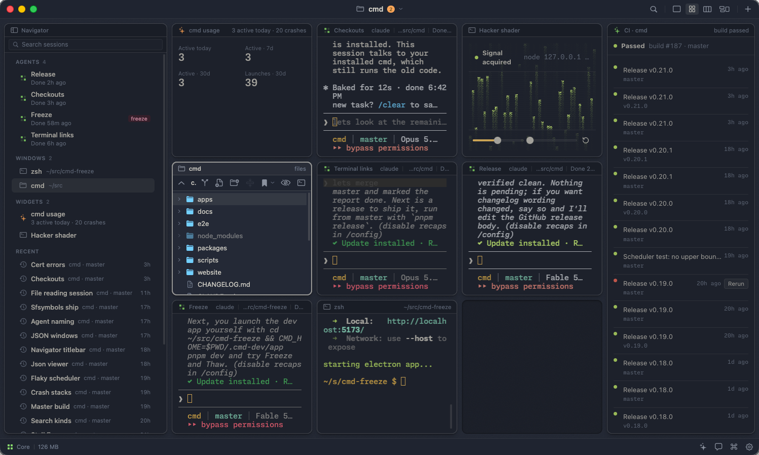 The grid: usage and CI widgets, four Claude Code sessions, a shader, the file browser and a shell
