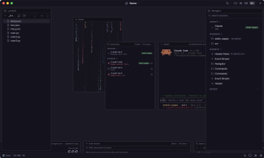 The canvas: the file browser, a Hacker widget, the Commands widget and a Claude Code session, with the Navigator docked on the right
