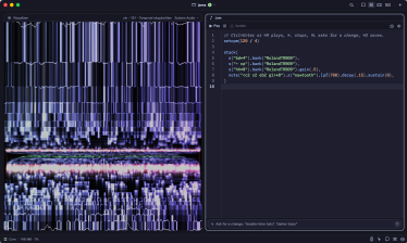The grid: a Visualizer widget on system audio next to a Jam window playing a Strudel pattern