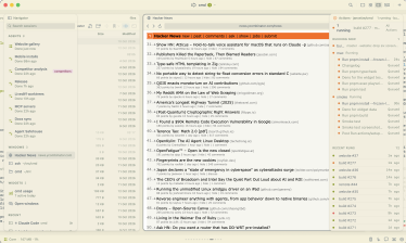 A light theme: Hacker News in a browser window between the Navigator and the Actions widget