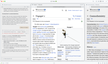 A light theme: an agent reading Wikipedia in browser windows beside it, on Voyager 1 and cosmochemistry