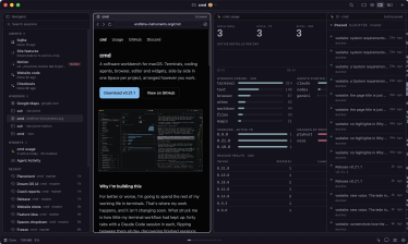 The strip: this website in a browser window between the Navigator, a usage widget and a CI widget