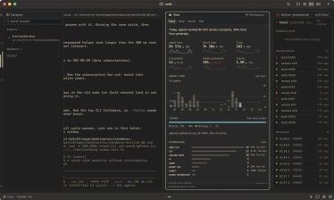 The strip: the Navigator over a Claude Code session, the Stats widget and a CI widget