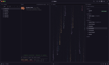 The strip: a Claude Code session and a Hacker widget between the file browser and the Navigator