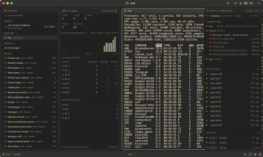 The strip: the Navigator, a usage widget, top in a terminal and a CI widget